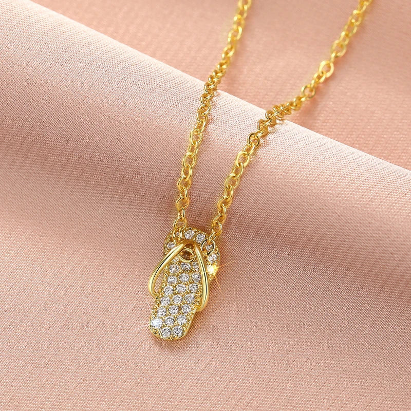 Chic Flip Flops Shaped Pendant Necklace for Women Bling Crystal CZ Funny Summer Girls Neck Accessories Statement Jewelry