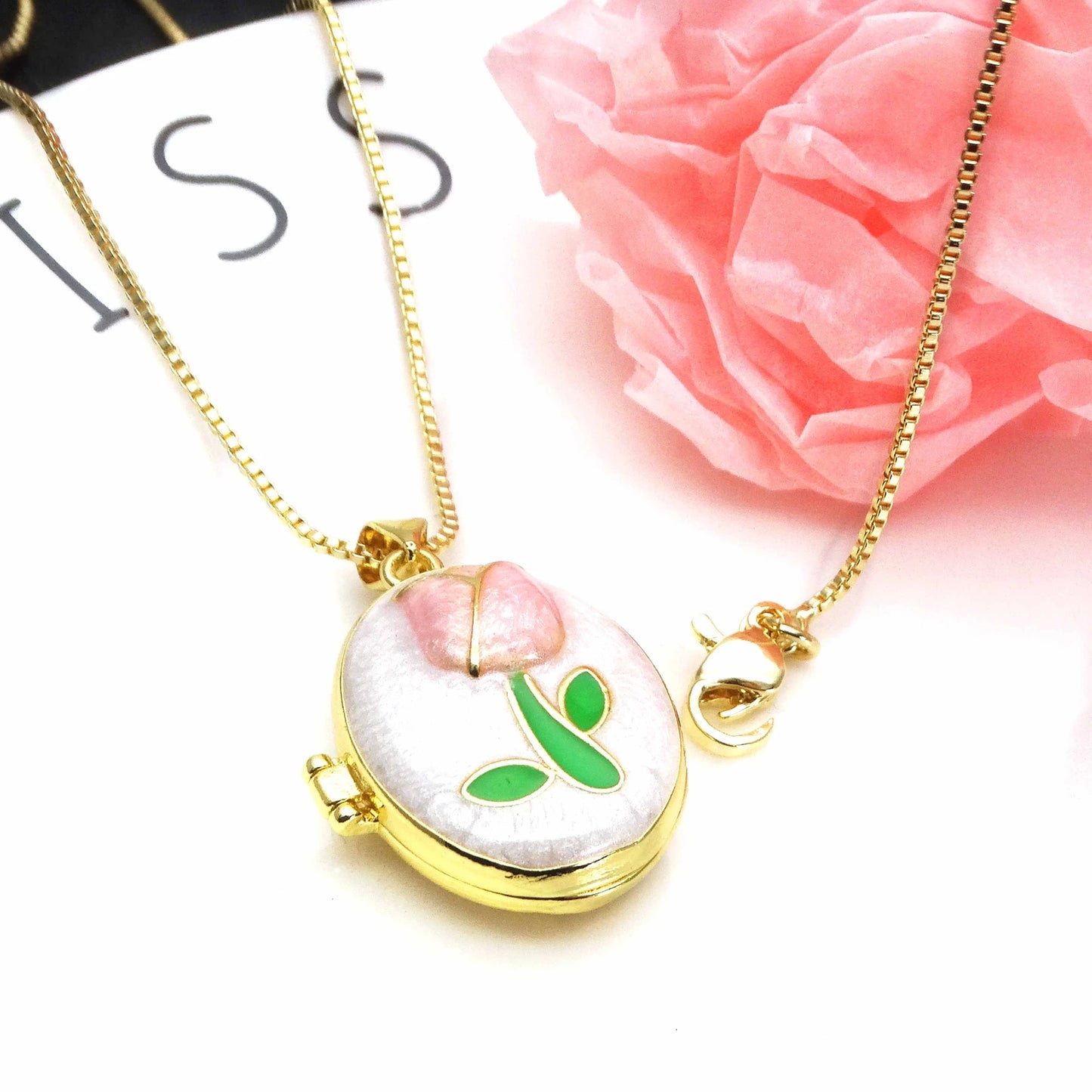 Micro Zircon oil drip photo box Pendant necklace Rose Flower pendant necklace copper chain jewelry necklace
