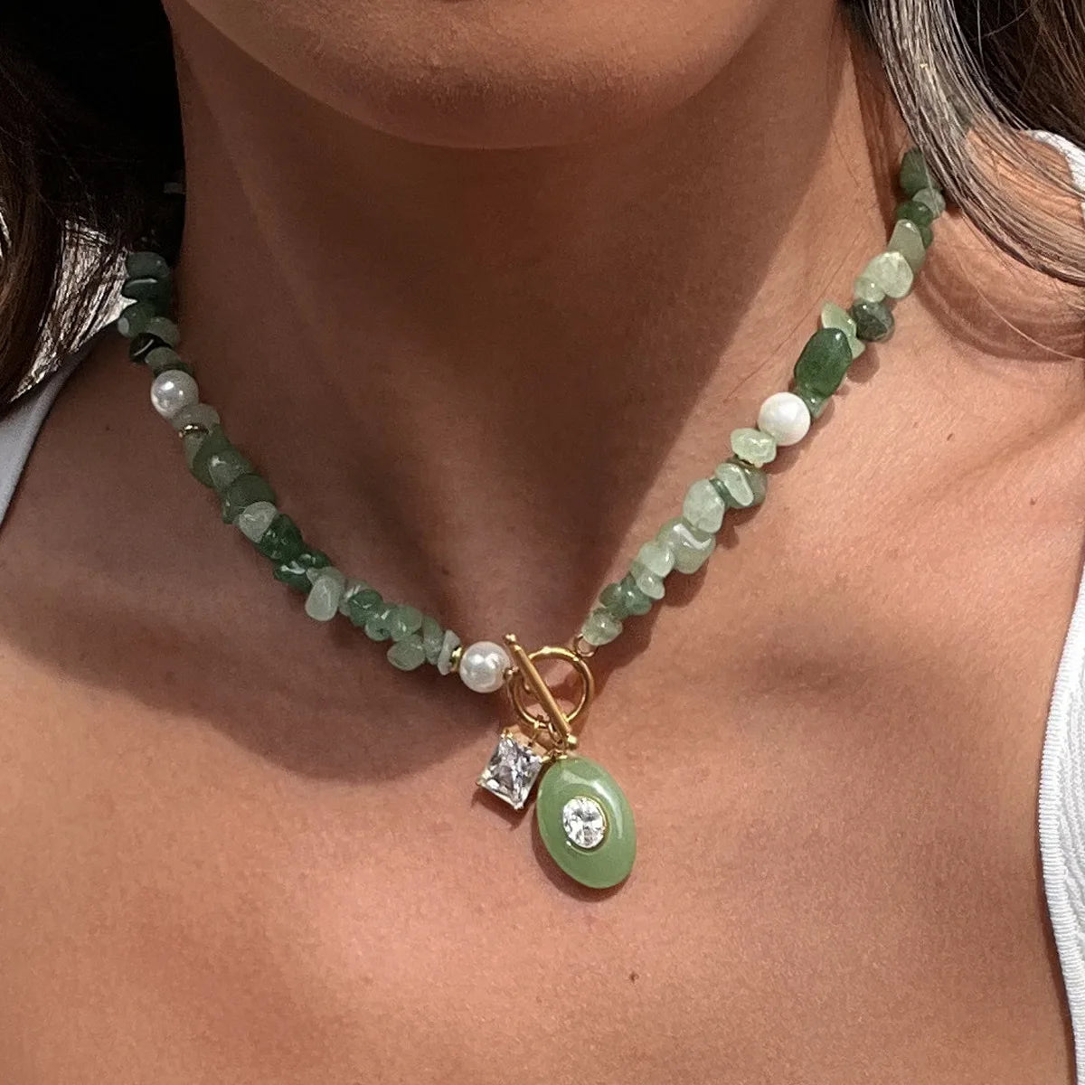 Fashion Oval Natural Stone Pendant Stainless Steel Necklace with Zircon Pearl Summer Style Stone Chip Handmade Collars Jewelry