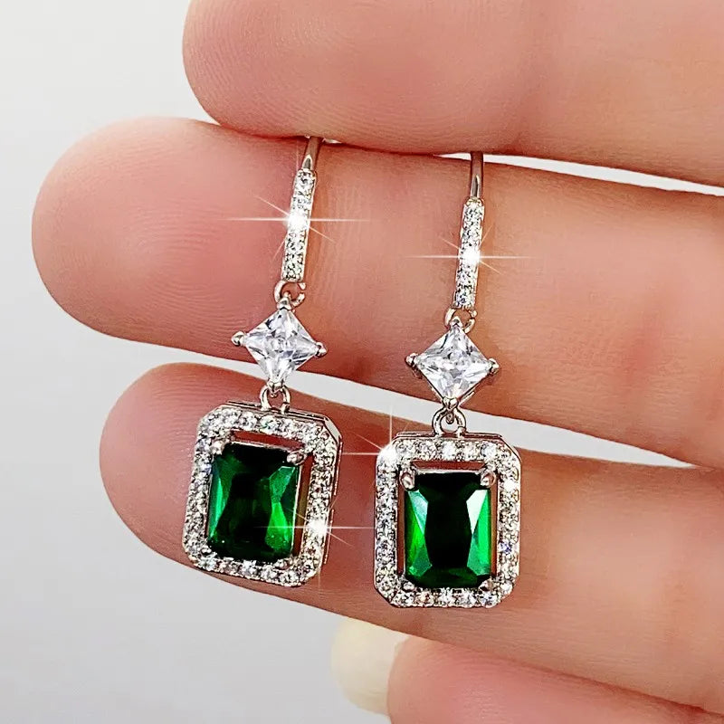 Huitan Modern Fashion Green CZ Drop Earrings for Women Silver Color Luxury Bridal Wedding Party Accessories New Trendy Jewelry