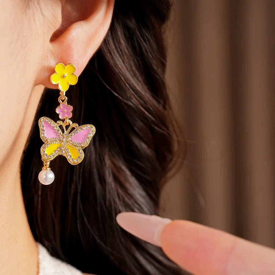 Pink Yellow Butterfly Flower Jewelry Set Sweet Enamel Necklace Drop Earrings Women's Fashion Party Banquet Accessories K