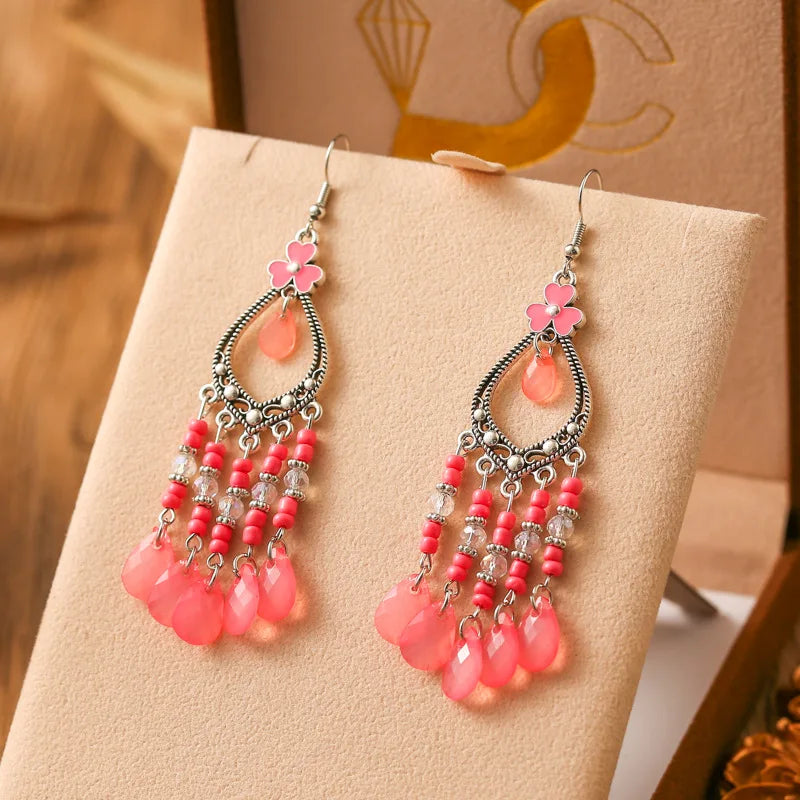 New Bohemian Long Rice Bead Water Drop Earrings for Women Ethnic Retro Drop Oil Hollow Dangle Earrings Vacation Party Jewelry