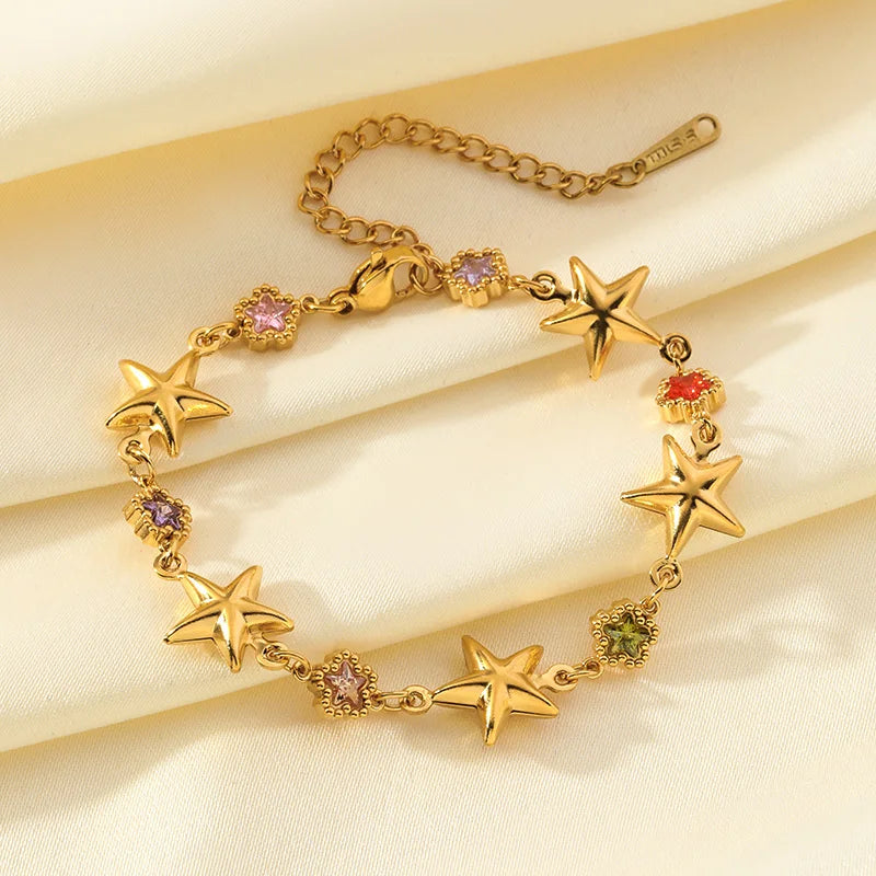 EILIECK 316L Stainless Steel Colorful Star Zircon Charm Bracelet Gold Color Jewelry Trendy Metal Texture Accessories for Women