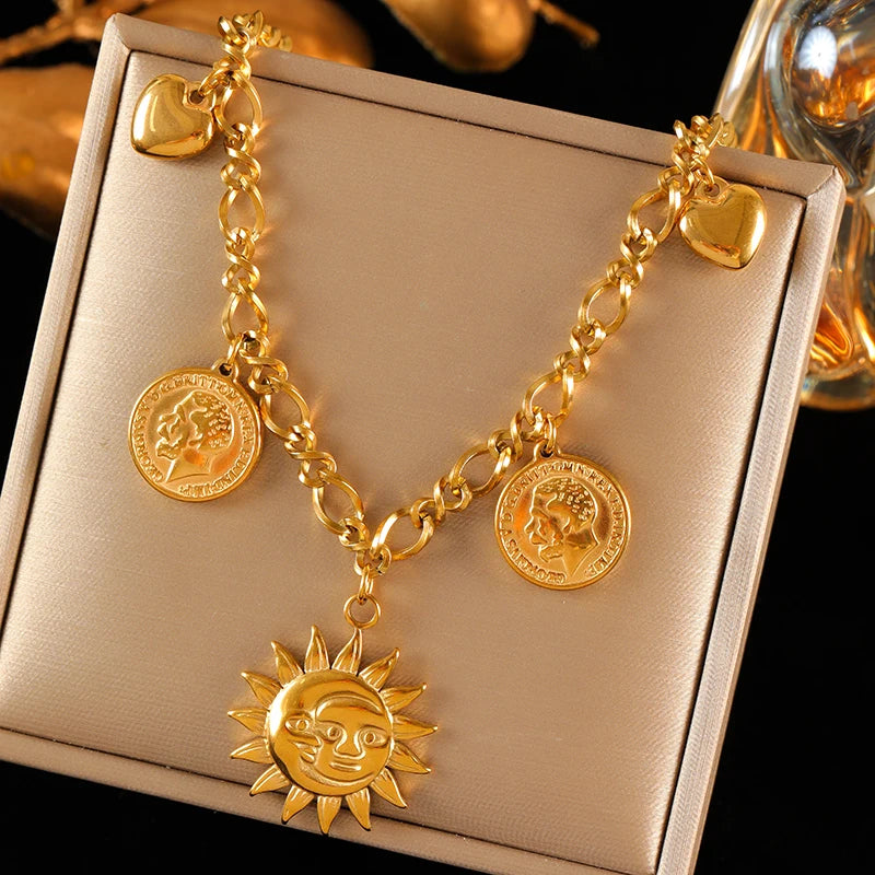 EILIECK 316L Stainless Steel Metal Gold Color Sun Moon Pendant Necklace Lady New Trendy Neck Chain Waterproof Jewelry Party Gift