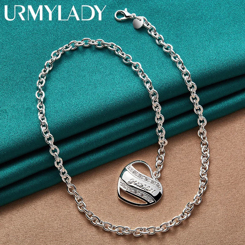 URMYLADY 925 Sterling Silver Love Heart 18 Inch Pendant Necklace For Women Wedding Engagement Fashion Party Jewelry