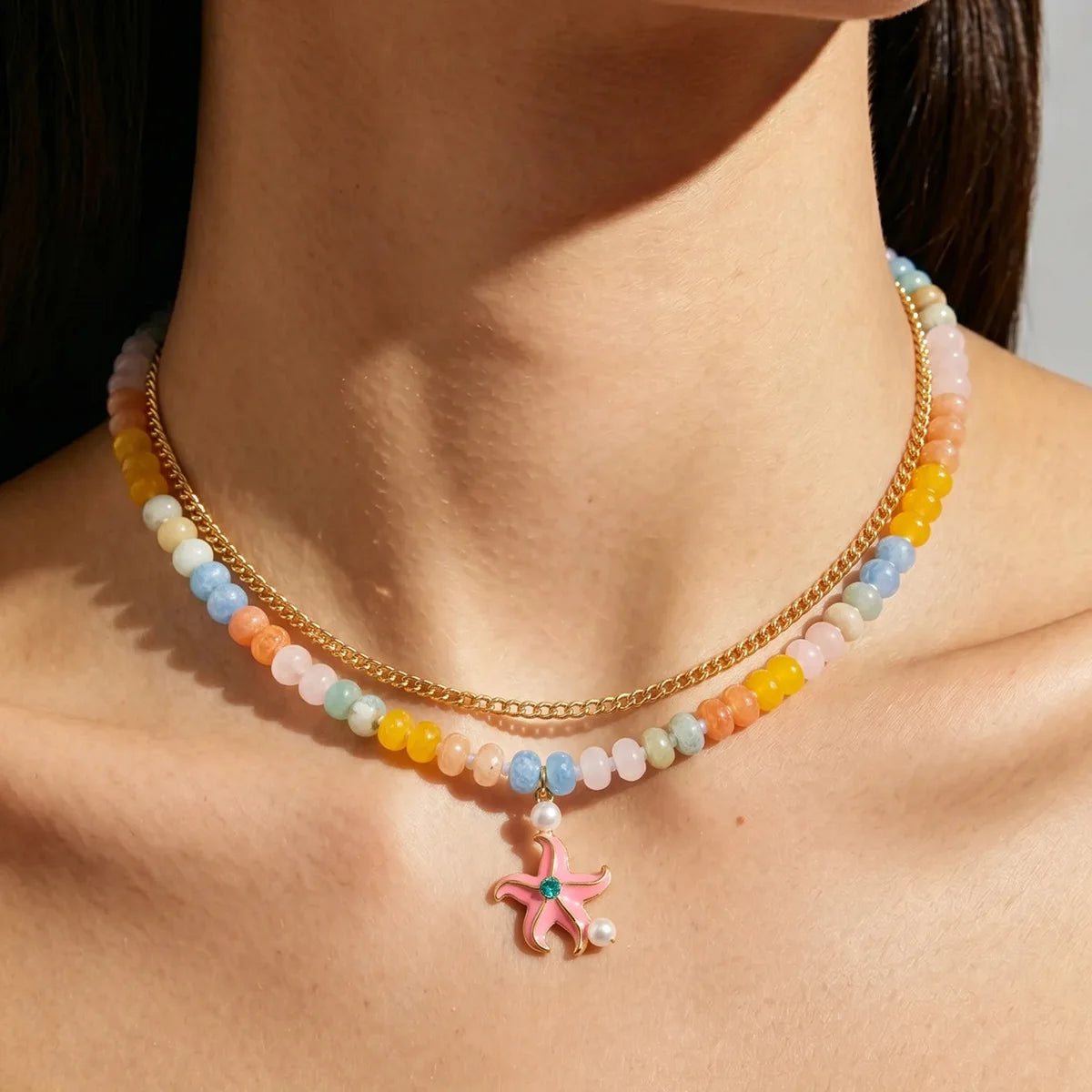 Handmade Natural Stone Beads Choker Necklace Women Colorful Enamel Starfish Pendant Stainless Steel Chain Necklaces Boho Jewelry