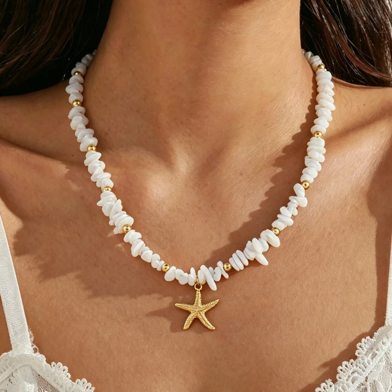 Boho Beach Vacation Starfish Necklace Set for Women Natural Chip Stone Beads Pink White Colorful Summer Y2K Trendy Fashion Jewel