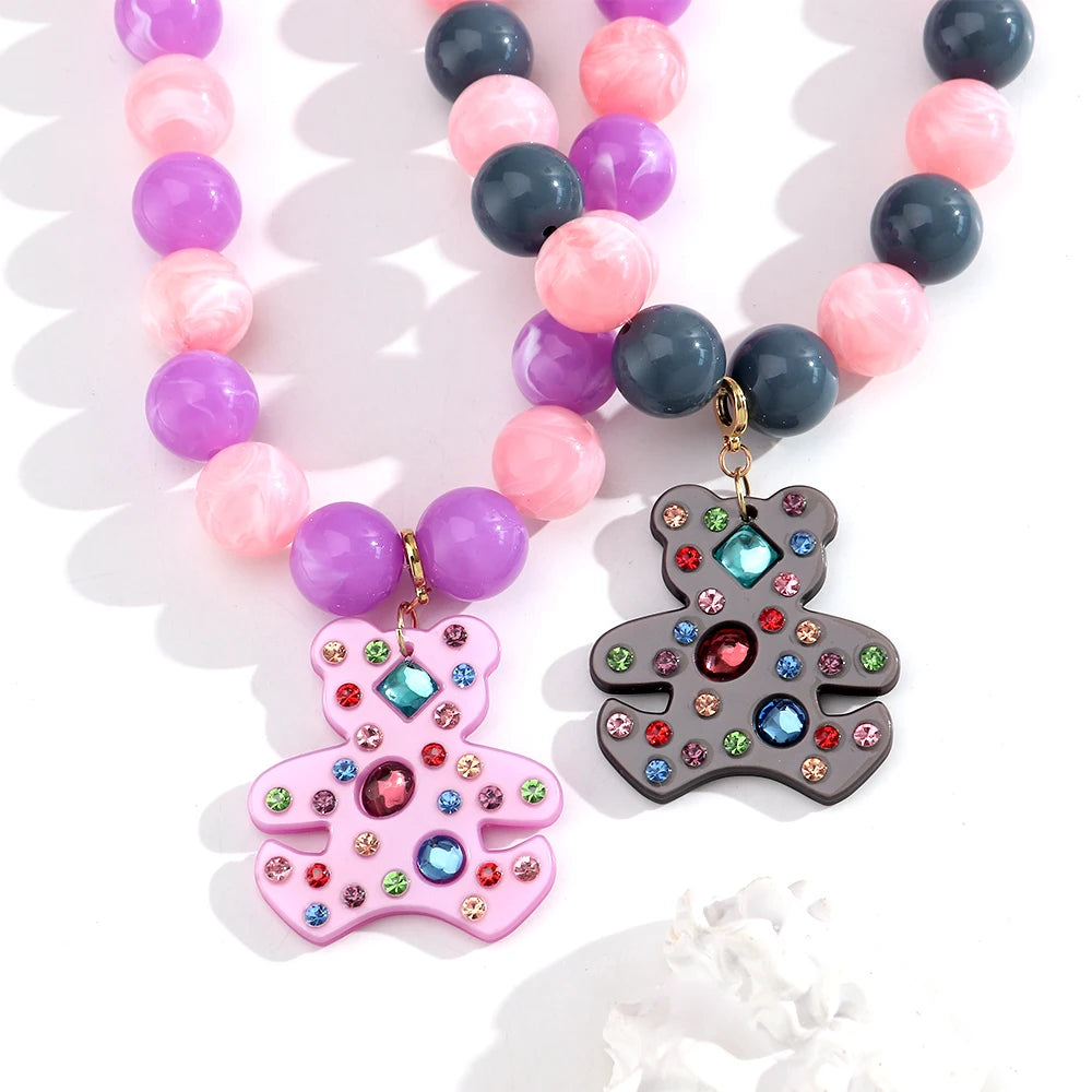 Fashion Acrylic Big Round Beads Bear Pendant Necklace for Women Colorful Geometric Beaded Choker Necklace Party Jewelry Gift