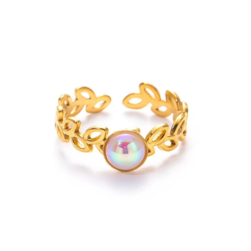 ANENJERY 316L Stainless Steel Hollow Leaf Colorful Stone Open Ring for Women Men Simple Jewelry Gifts Daily Wholesale