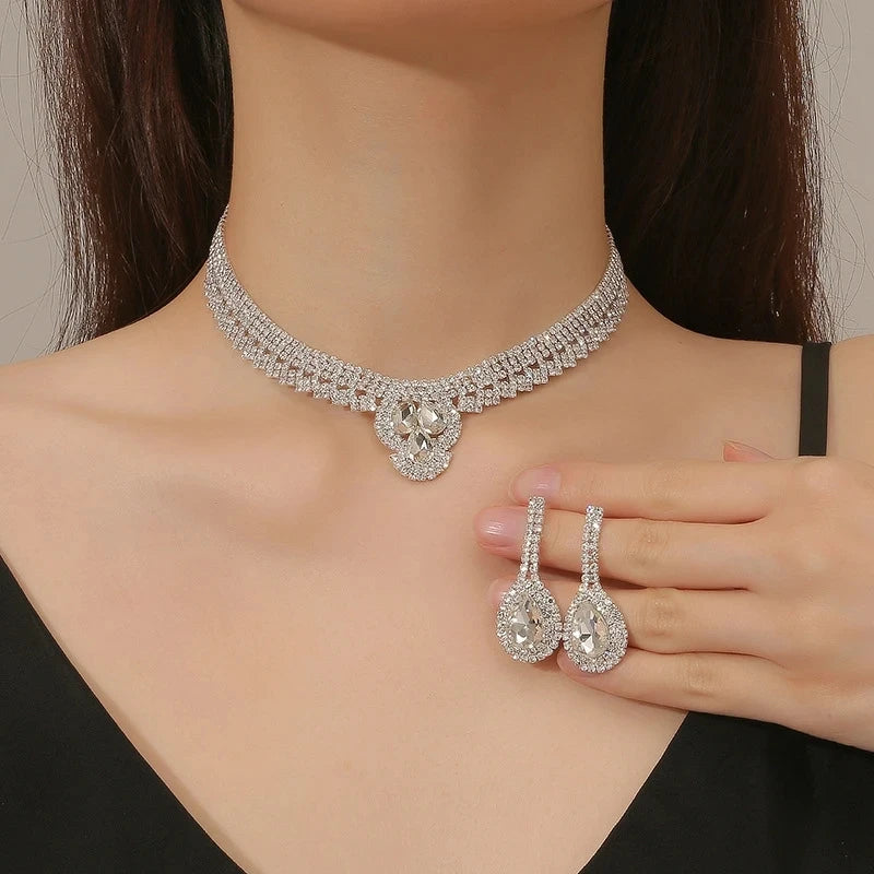 TREAZY Luxurious Rhinestone Crystal Wedding Jewelry Sets for Women Statement Choker Necklace Earrings Bridal Jewelry Accessories