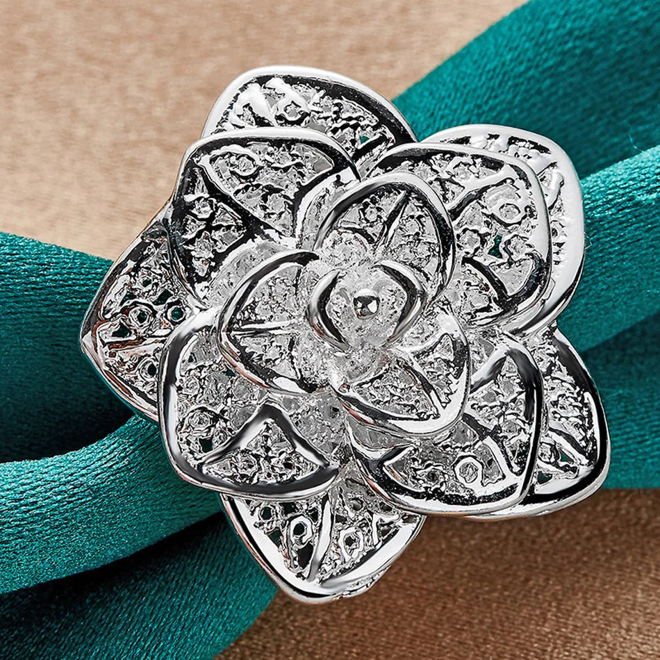 URMYLADY 925 Sterling Silver Big Flower Adjustable Ring Bangle Bracelets Jewelry Sets For Women Wedding Party Fashion Charm Gift