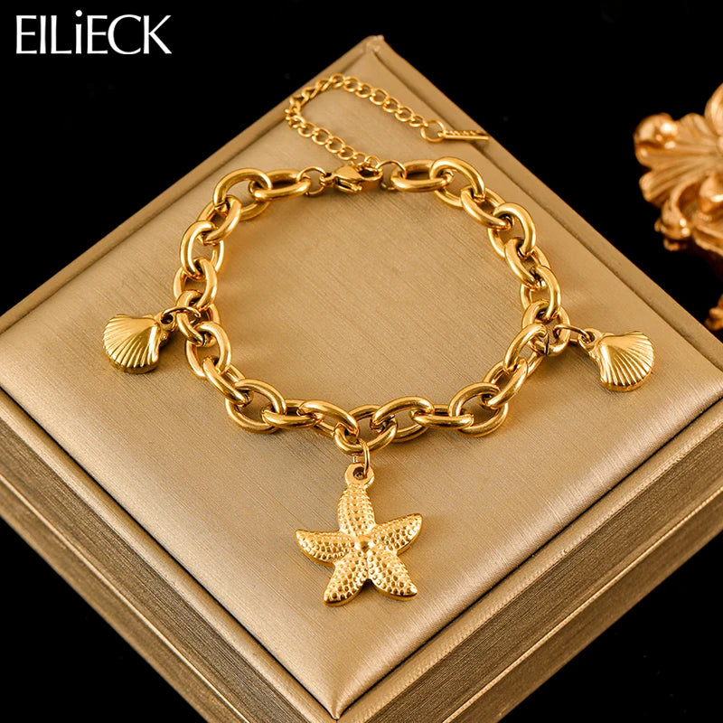 EILIECK 316L Stainless Steel Starfish Shells Charm Bracelet For Women New Trendy Wrist Chain 18K Gold Plated Jewelry Gift Party