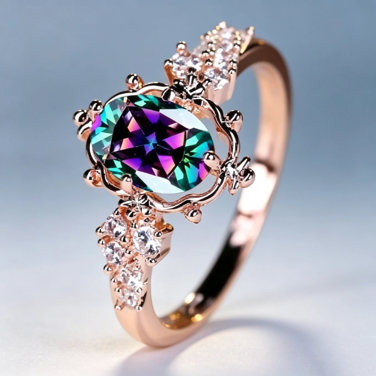 Mystic Rainbow Crystal Oval Stone Flower Rings For Women Trendy Rose Gold Color Wedding Ring Bridal Engagement Band Jewelry Gift
