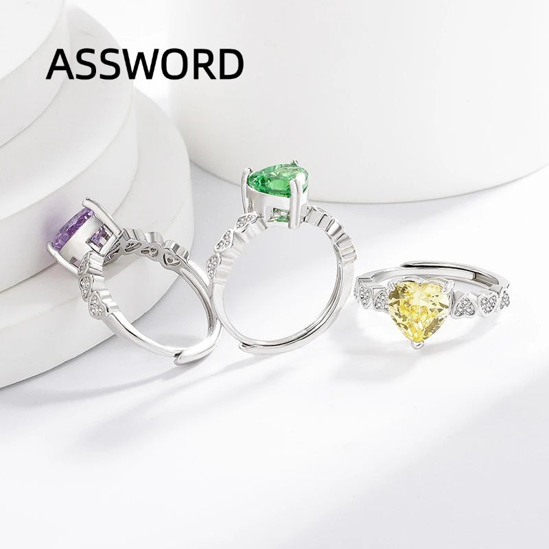 925 Sterling Silver Heart Cut Birthstone Ring for Women Multi Heart Pave CZ Band Solitaire Wedding Band Romantic Jewelry Gift