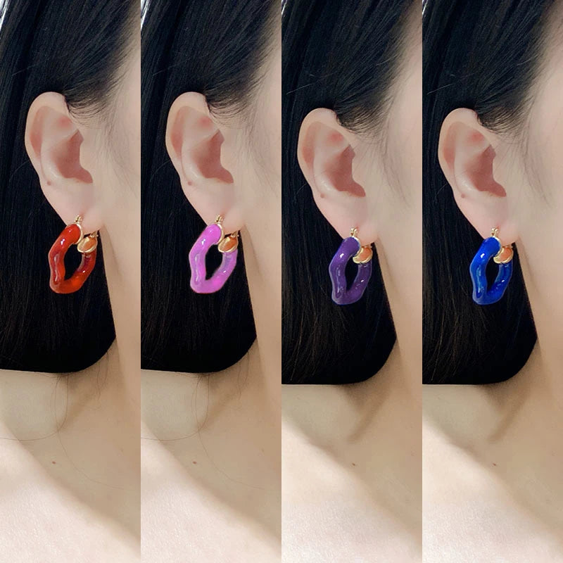 New Trendy Colorful Irregular Geometric Thick Hoop Earrings for Women Enamel Color Circle Hoops Ear Buckle Jewelry Gift