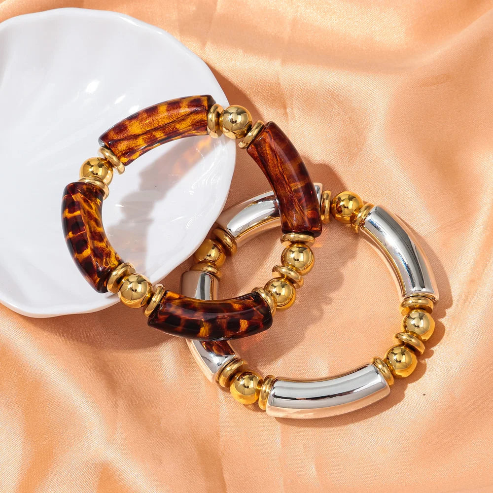 New Design Acrylic Gold Color Beads Chunky Bamboo Bracelets for Women Resin Curved Tube Stretchy Bangle 2024 Fashion Jewelry