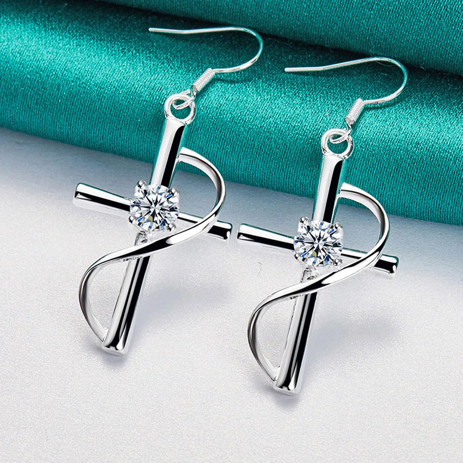 URMYLADY 925 Sterling Silver Cross Zircon Earrings For Women Charm Jewelry Wedding Fashion Gift