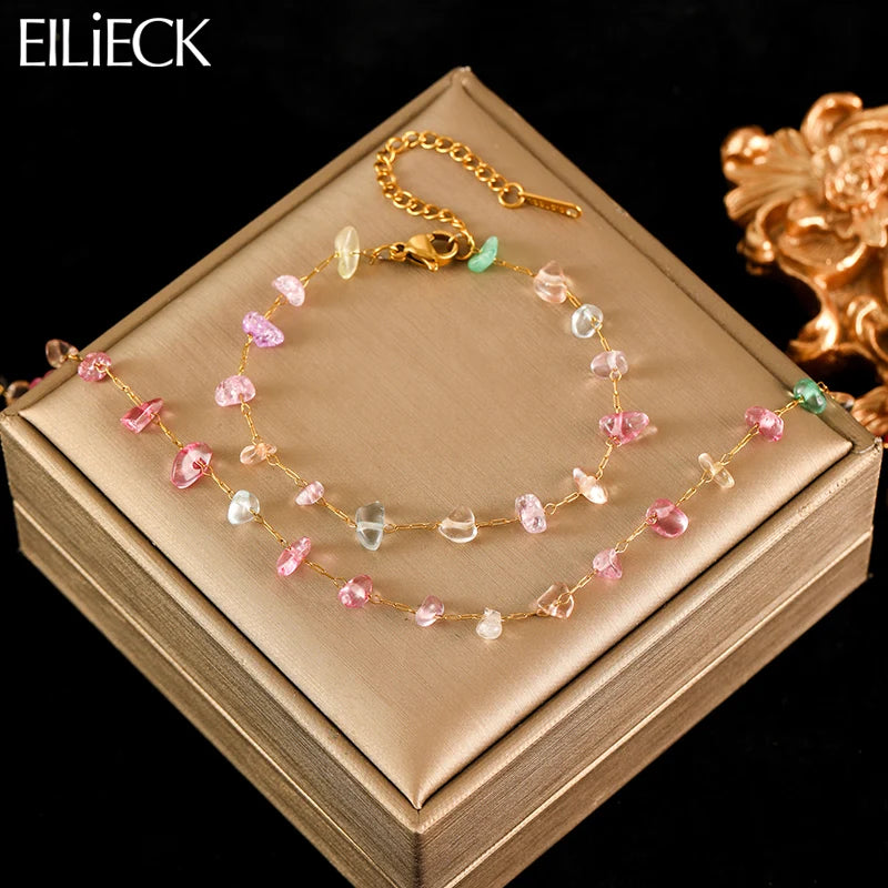 EILIECK 316L Stainless Steel Colored Acrylic Stones Necklace Bracelets Set For Women Trendy Neck Chain Waterproof Jewelry Gift