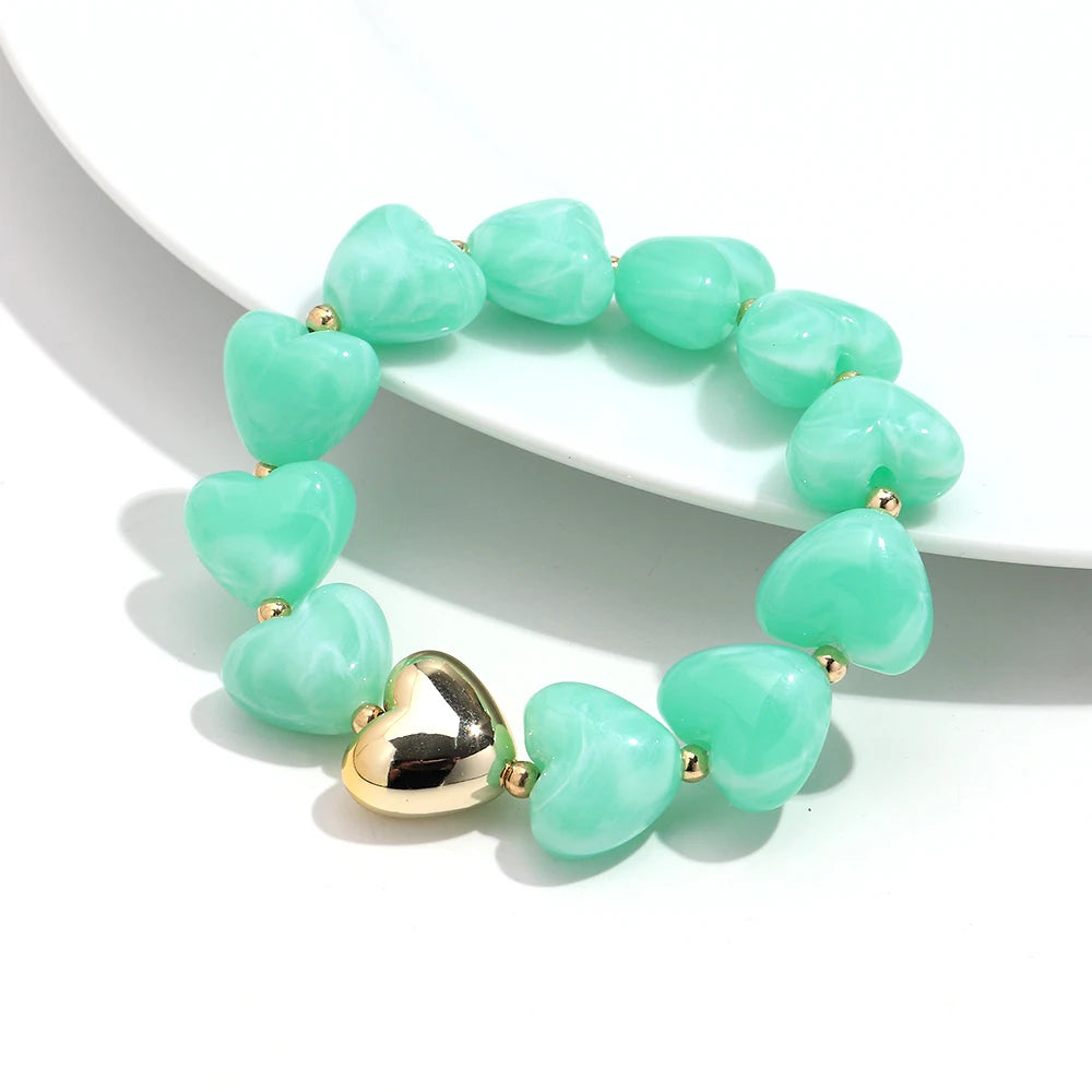 Sweet Resin Love Heart Beads Elastic Bracelets for Women Cute Geometric Heart Shape Stretch Bracelet Party Jewelry Gifts