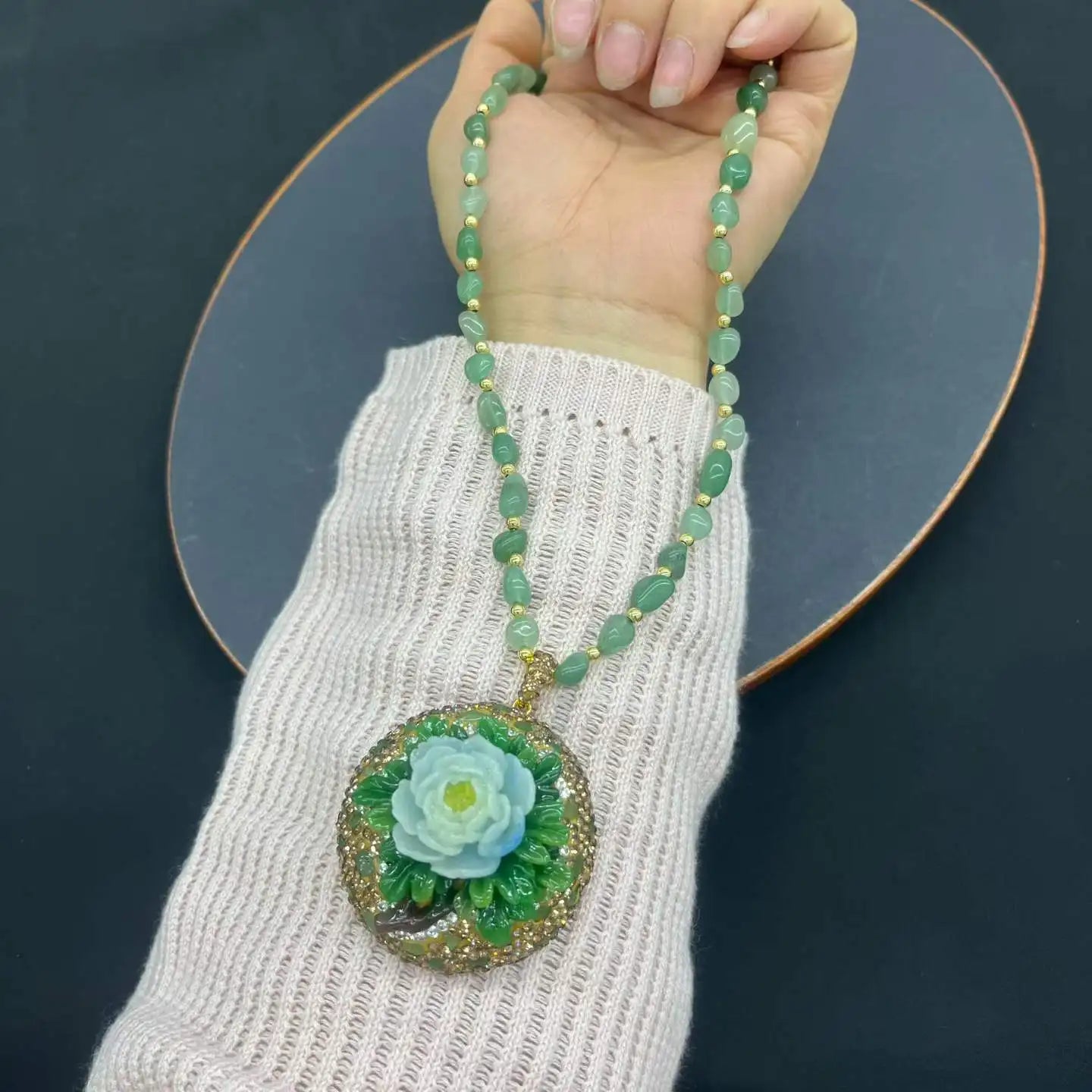 Turkish Natural Tourmaline Crystal Stone Neckalce Jade 3D Peony Flower Pattern Gemstone Pendant Charm Chain Women Lucky Jewelry