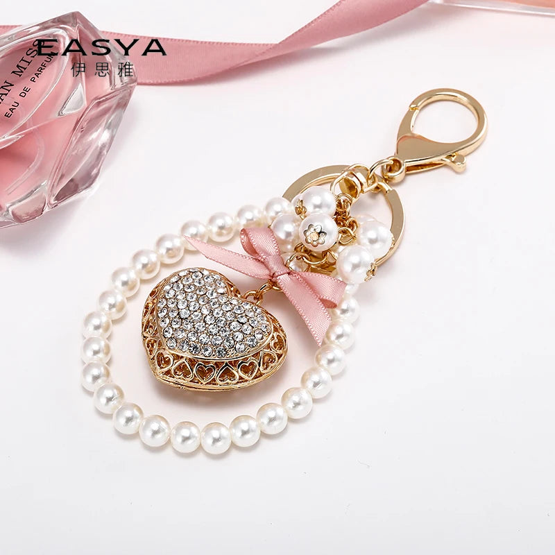 Pink Bow Love Pearl Chain KeyChain Sparkling Crystal Women's Luxury Handbag Pendant Car Key Ring