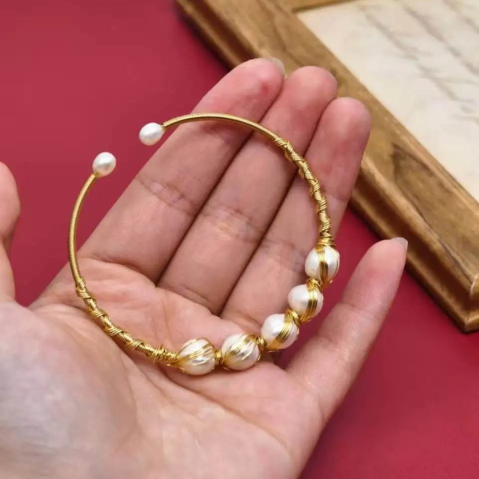 Handmade Open Bracelet with Natural Freshwater Pearls, Forest-Inspired Adjustable Wristband, Authentic Instagram Fairytale Style