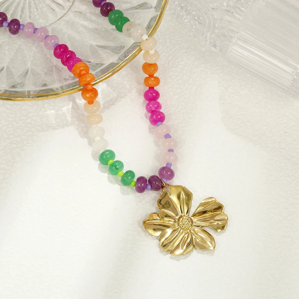 Badu Rainbow Gemstone Stainless Steel Flower Heart Shape Pendant Necklace for Women Boho Vacation Party Jewelry Gift Waterproof