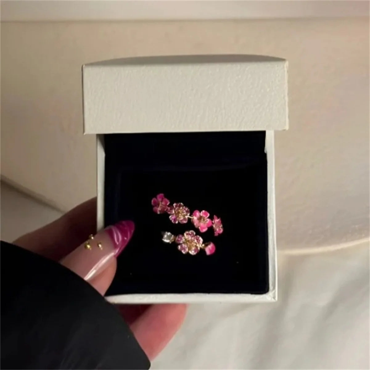 Charm Luxury Female Pink Bule Flower Zircon Stone Adjustable Open Ring RoseGold Silver Color Cute Gift Wedding Jewelry For Women