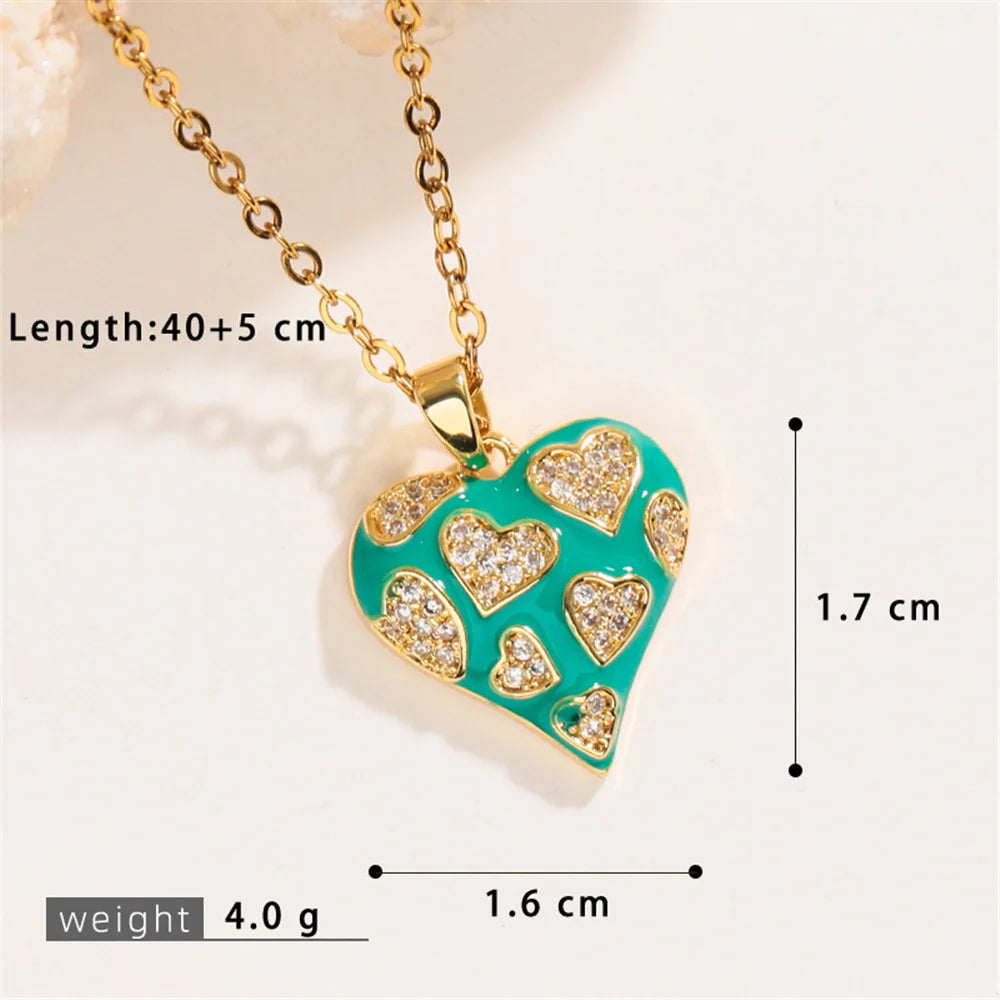 New Fashion Overlap Small Heart Love Charm Female Pink Green Zircon Pendant Necklace Gold Color Wedding Jewelry For Cute Women