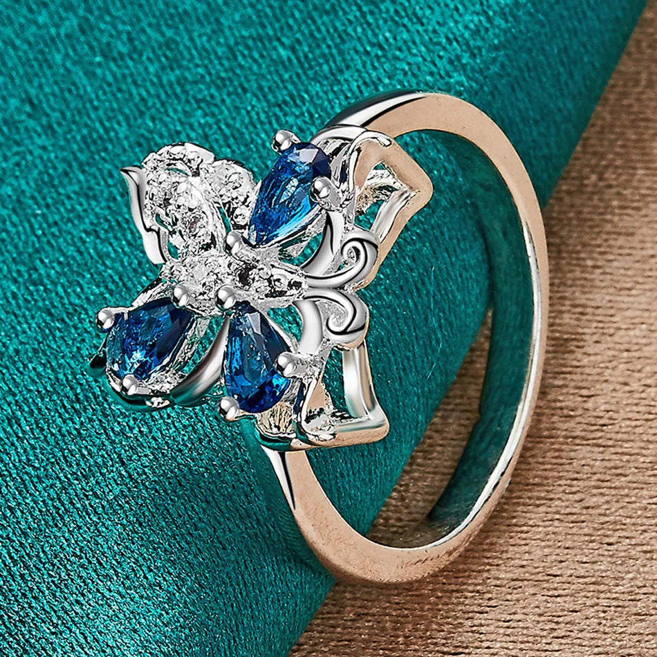 URMYLADY 925 Sterling Silver Butterfly Blue Zircon 7-10# Ring For Women Fashion Wedding Party Charm Jewelry