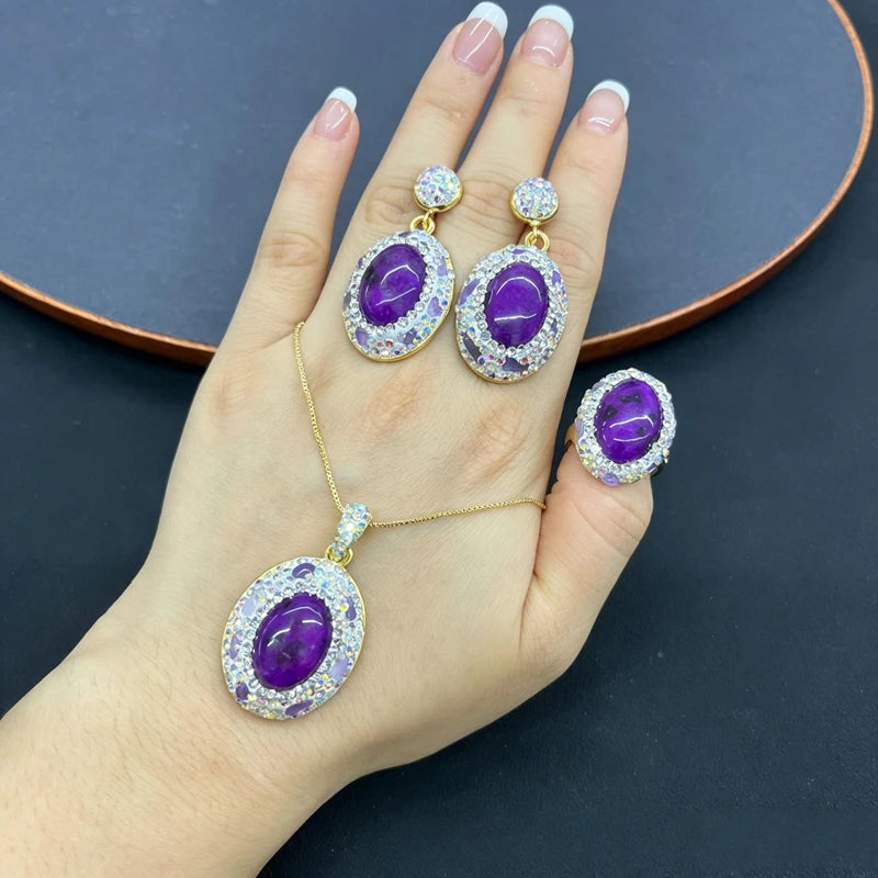 Oval Purple Agate Stone Jewelry Set for Women Handmade Amethyst Rhinestone Turkish Crystal Quartz Jewelry for Wedding Party Gift