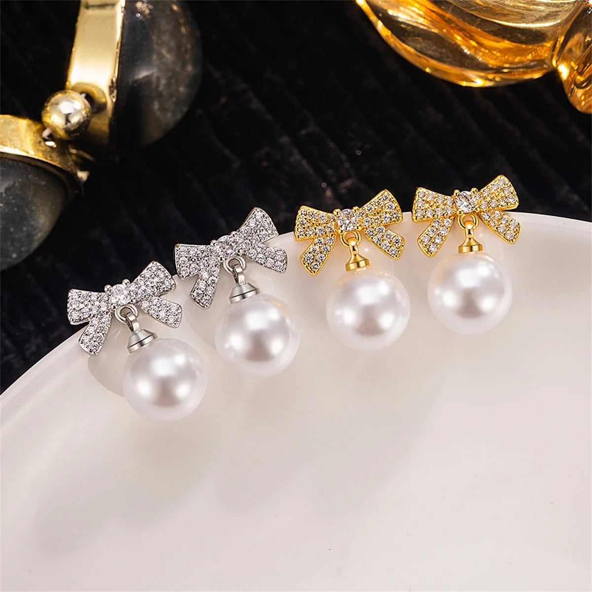 Korean Luxury Charm Female White Zircon Pearl Yellow White Bow Stud Earrings Silver Color Wedding Jewelry For Women
