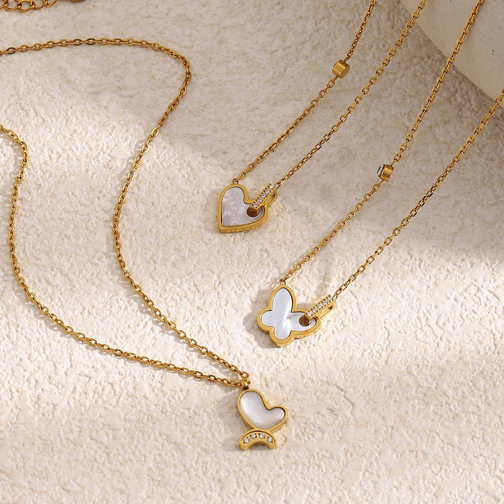E.B.belle Heart Butterfly Pendant Chain Necklace 18K Gold Plated Stainless Steel Women's Necklaces Minimalist Chain Jewelry Gift