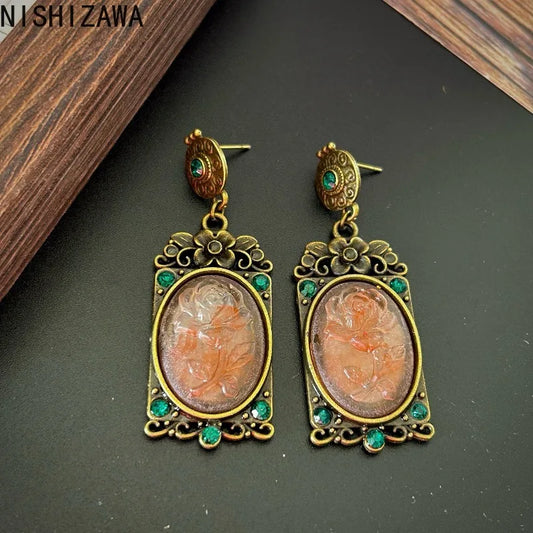 NISHIZAWA Jello Color Flowers Dangle Earrings for Women Vintage Court Style Elegant Jewelry Geometric Fashion Aretes De Mujer