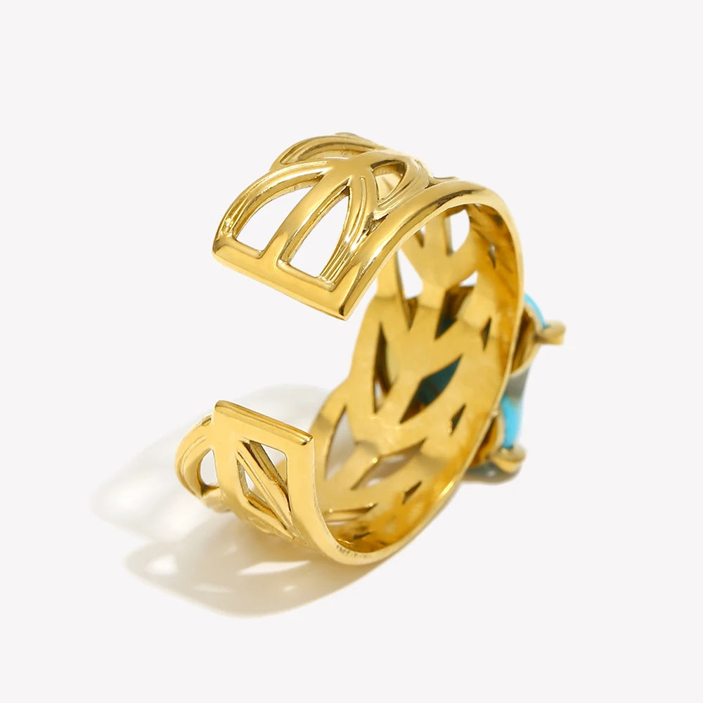 E.B.belle Leaf Pattern Natural Blue Turquoise Stone Heart Opening Ring 18K Gold Plated Stainless Steel Party Waterproof Jewelr y