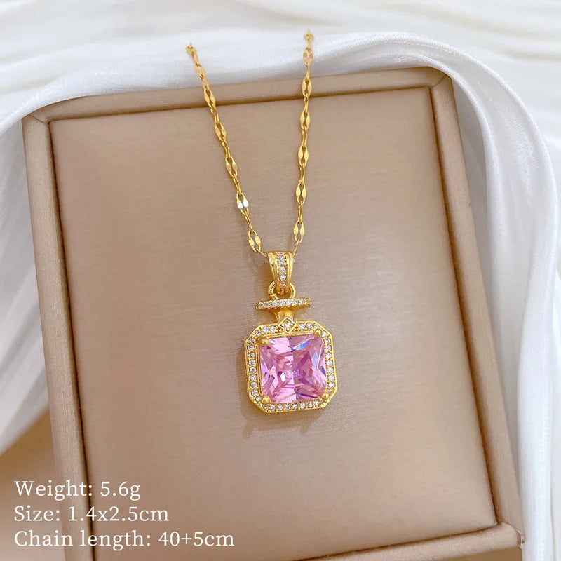 Korean Style Fashion Square Zircon Stainless Steel Necklaces For Women Luxury Elegant Female Clavicle Chain Jewelry Wholesale