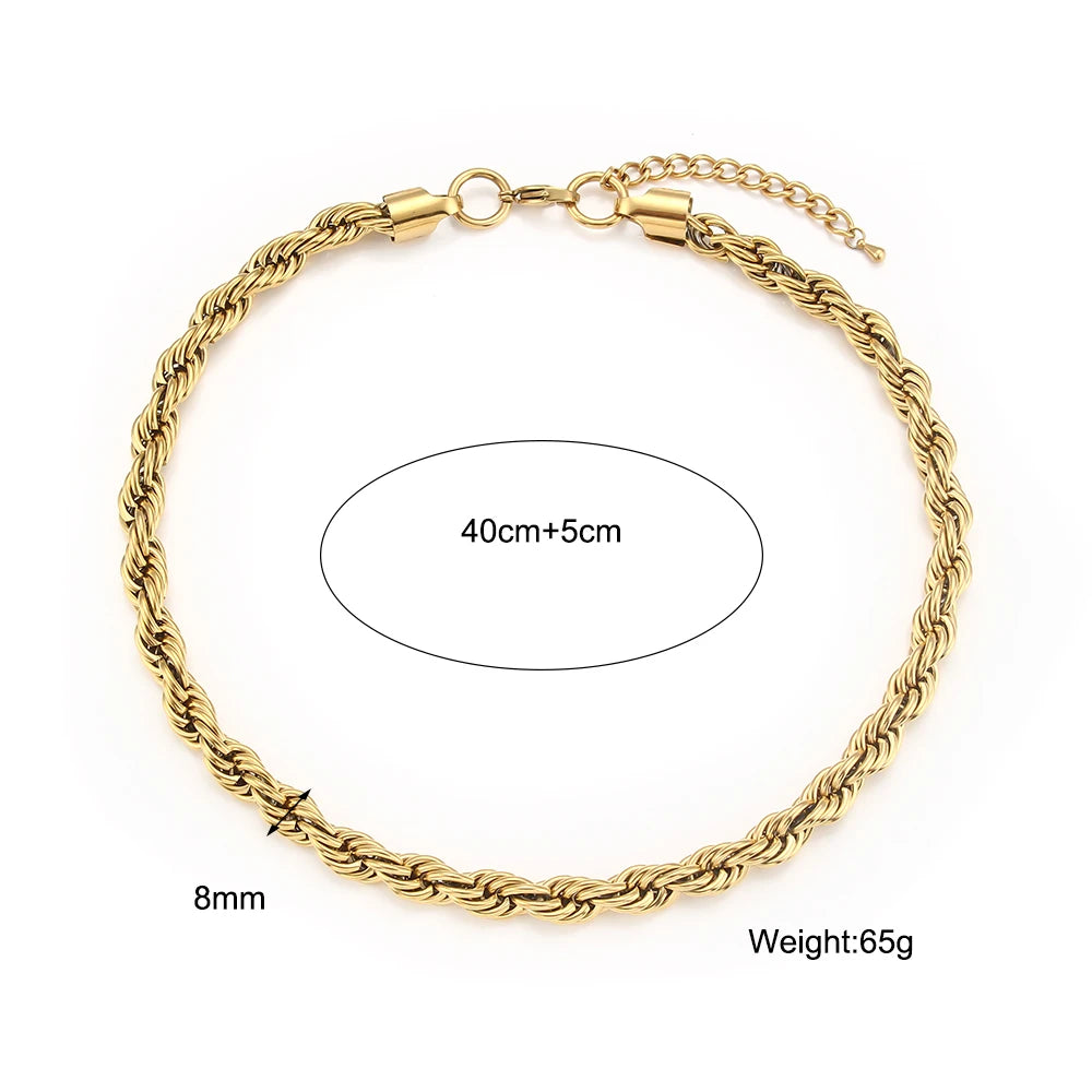 E.B.belle Tarnish Free Stainless Steel 18K Gold Plated Women's 8mm Chunky Twisted Rope Chain Necklace Trendy Gold Bracelet
