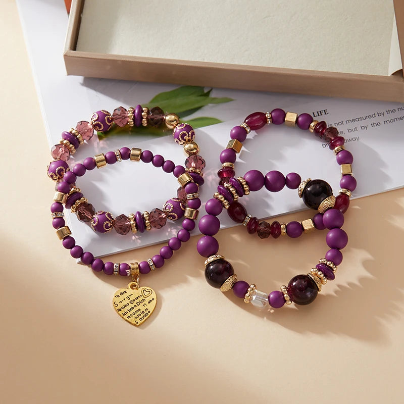 4pcs/set Bohemian Stackable Bead Bracelets for Women Multilayered Bracelet Pendant Charm Stretch Bangles