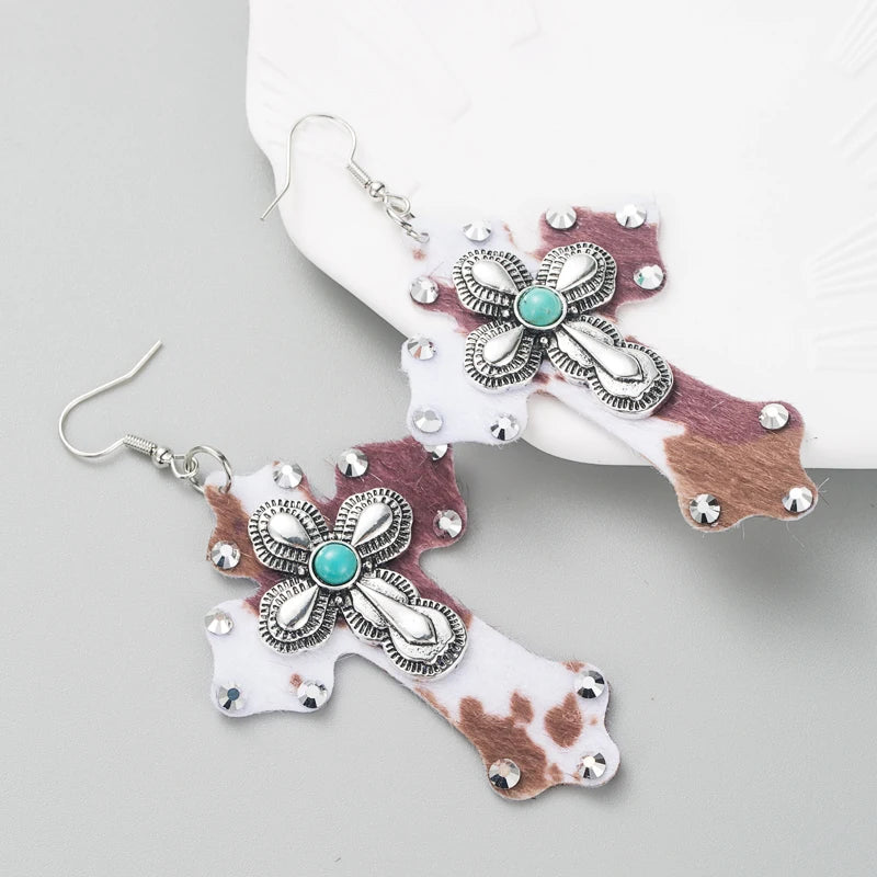 Hot Selling Earrings, European and American Trends, Leopard Print Leather Cross eEarrings, Alloy Set With Turquoise Earrings