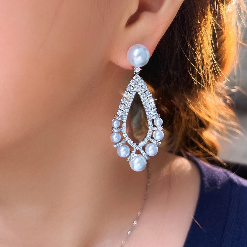 ThreeGraces Brilliant Cubic Zirconia Long Dangle Simulated Pearl Earrings for Women Luxury Bridal Wedding Party Jewelry E1376