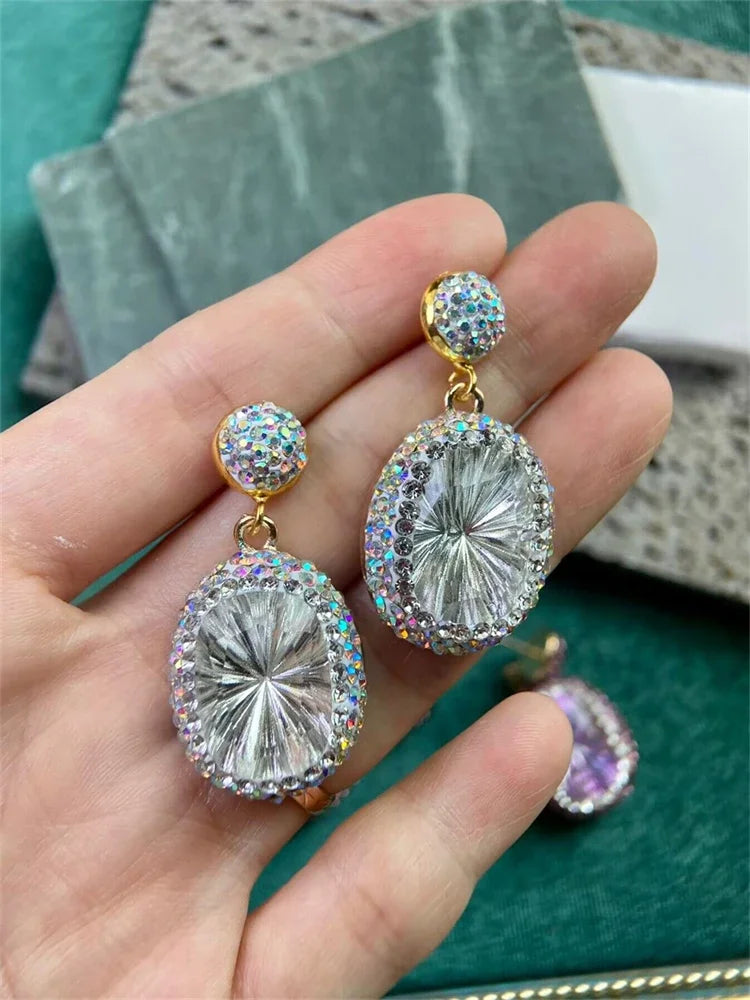 Fashion Large Purple Crystsal Dangle Earrings Cushion Cut Crystal Clay Rhinestone Crystal Jewelry for Women Party Wedding Golden