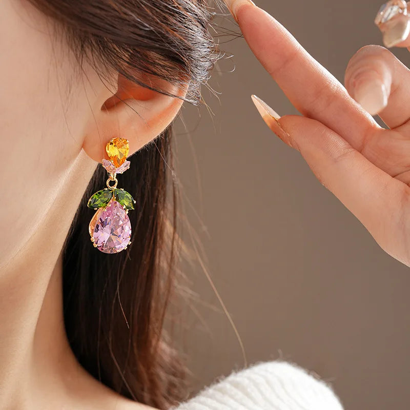 Colorful Zircon Flowers Water Drop Earrings Pendant Necklace Women's Charm Elegant Fashion Jewelry Set Accessories Party Dress G