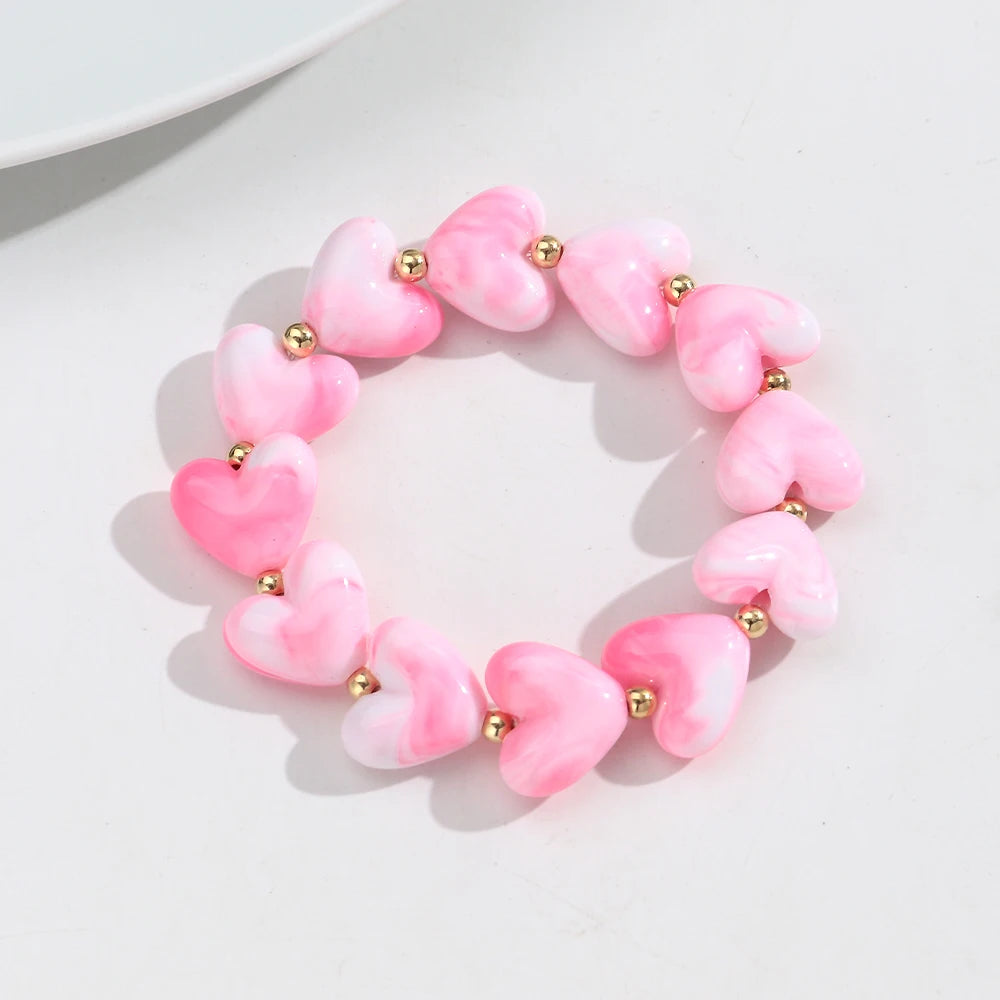 Cute Acrylic Colorful Geometric Heart Beads Elastic Bracelets New Love Heart Beaded Stackable Bangle Bracelet Women Jewelry Gift
