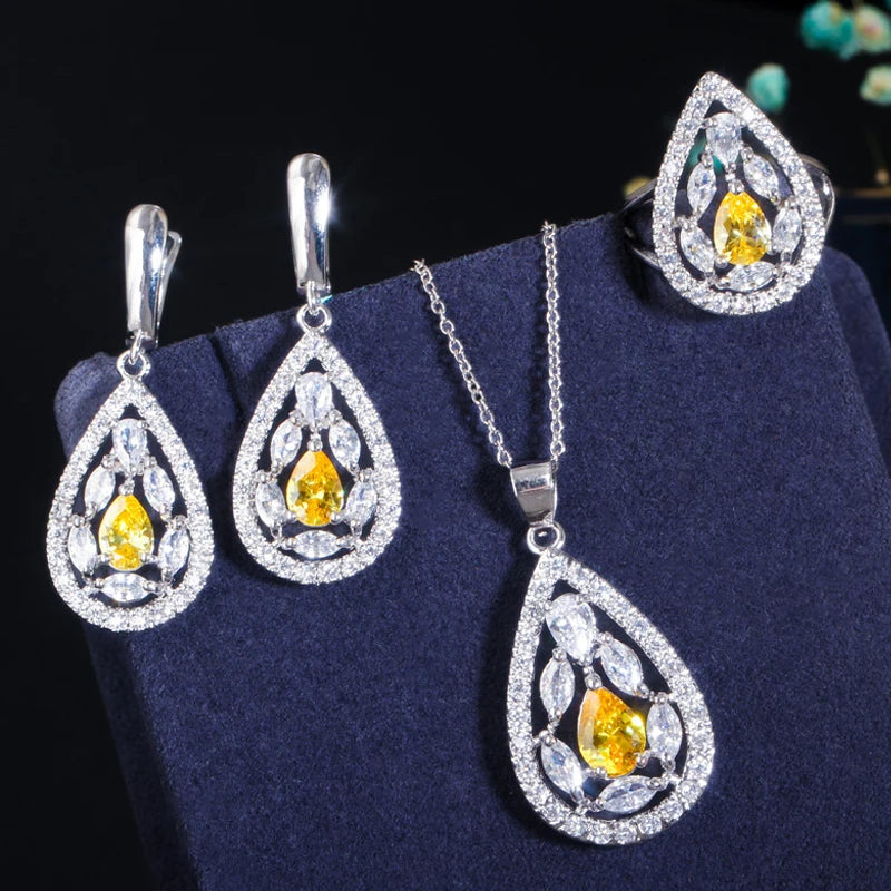 ThreeGraces Shining Red Zirconia Water Drop Shape Earring Necklace Ring Fashion Bridal Party Jewelry Set for Women JS554