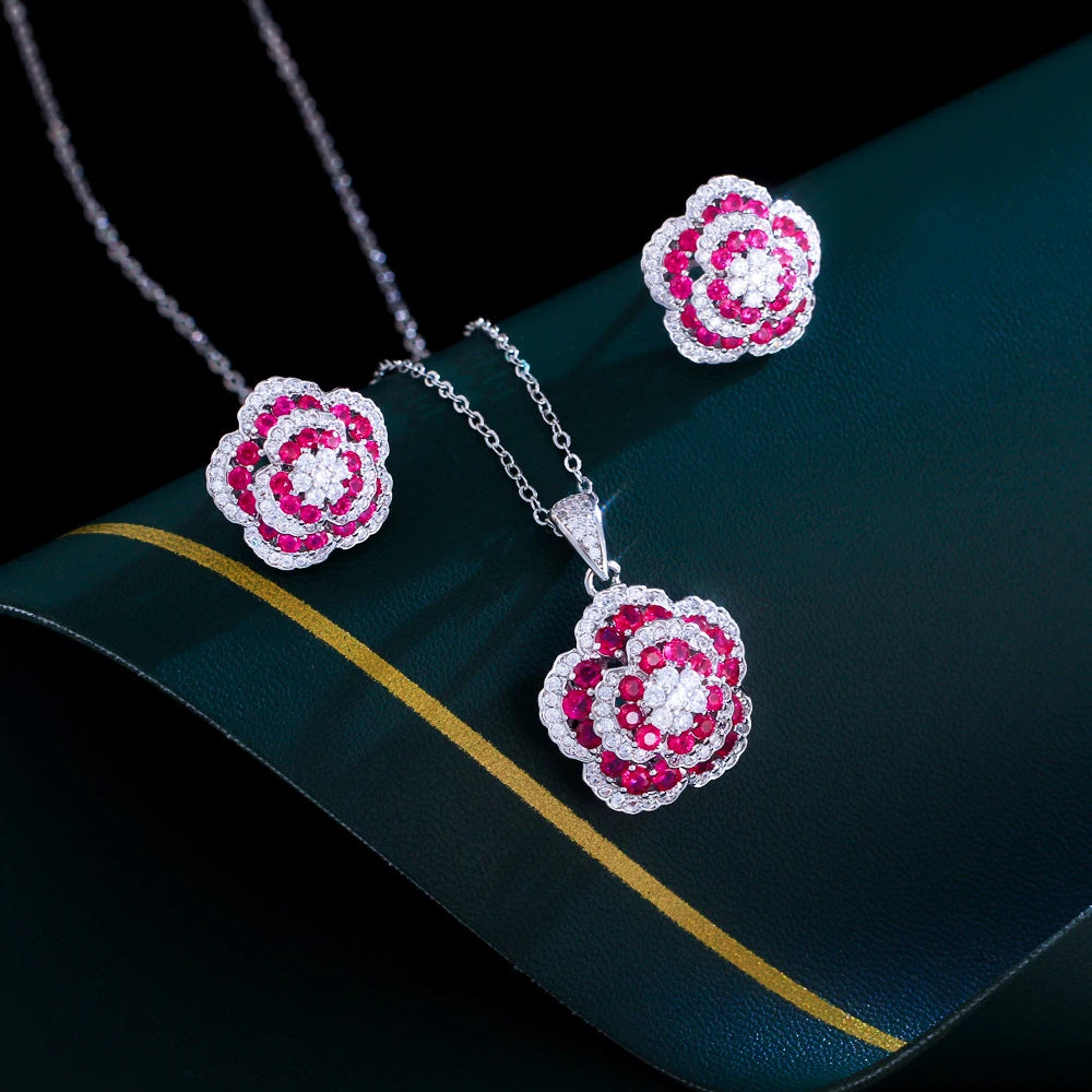 ThreeGraces Elegant Rose Red Cubic Zirconia Unique Flower Pendant Necklace and Stud Earrings Party Jewelry Set for Women JS715