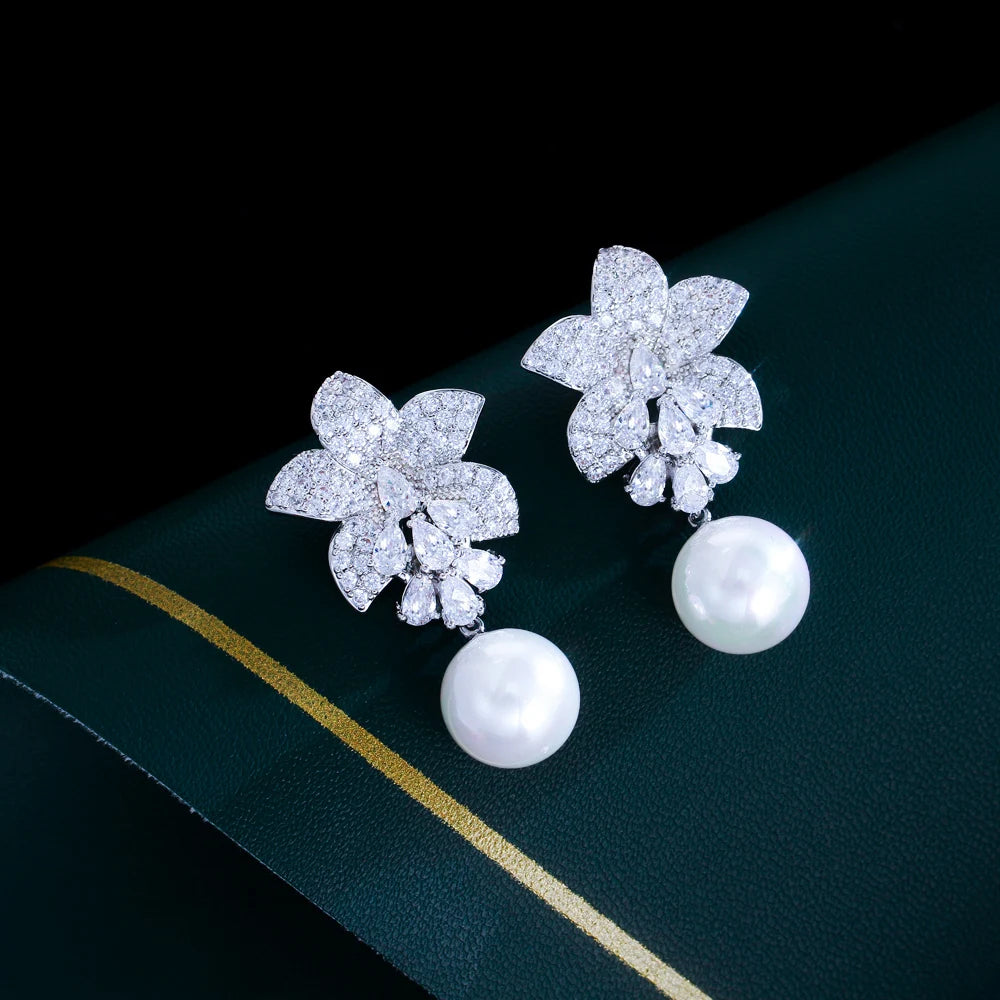 ThreeGraces Sparkling Cubic Zirconia Simulated Pearl Long Flower Dangle Earrings for Women Trendy Bridal Wedding Jewelry E1855