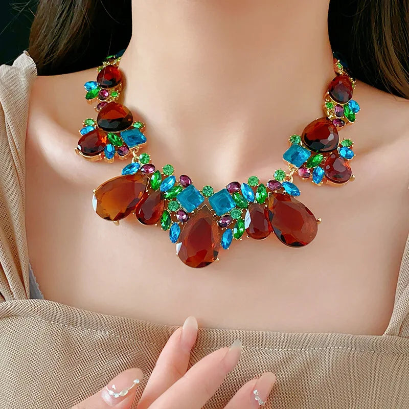 1/2 Pcs Luxury Shiny Rhinestone Choker Necklaces Earrings Set Women Vintage Geometric Bridal Weddings Jewelry Set Banquet N