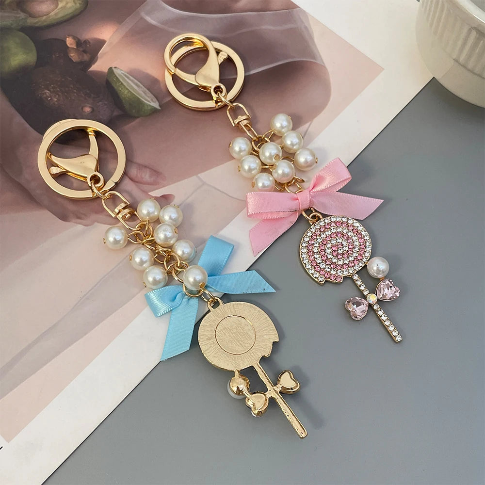 Cartoon Anime Love Pearl Blue Crystal Bow Lollipop Keychain Souvenir Gift for Family Friends