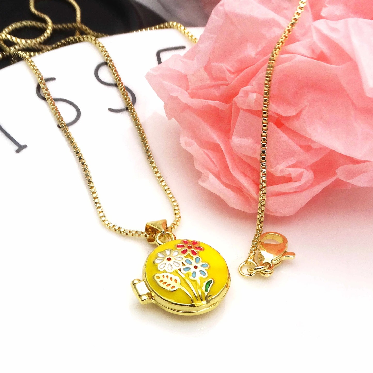 Micro Zircon oil drip photo box Pendant necklace Rose Flower pendant necklace copper chain jewelry necklace