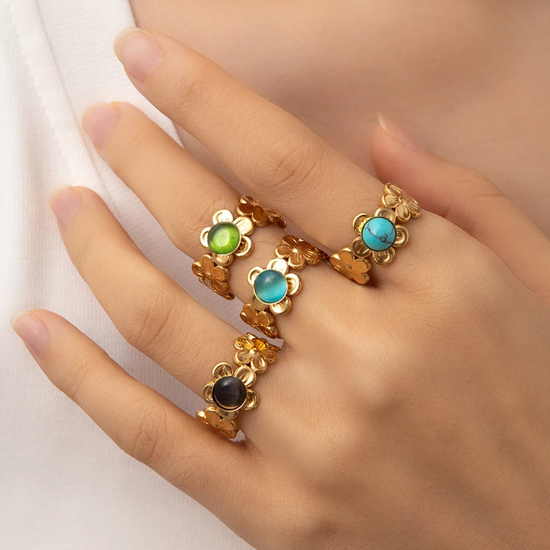 ANENJERY 316L Stainless Steel Flower Inlaid Colorful Stone Open Ring for Women Men Beauty Delicate Jewelry Gifts Wholesale